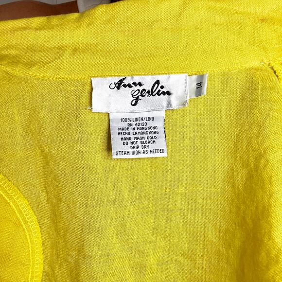 Ann Gerlin 1990s Button Up Linen Blouse Chartreuse Green Short Sleeve Tailored - Picture 9 of 10